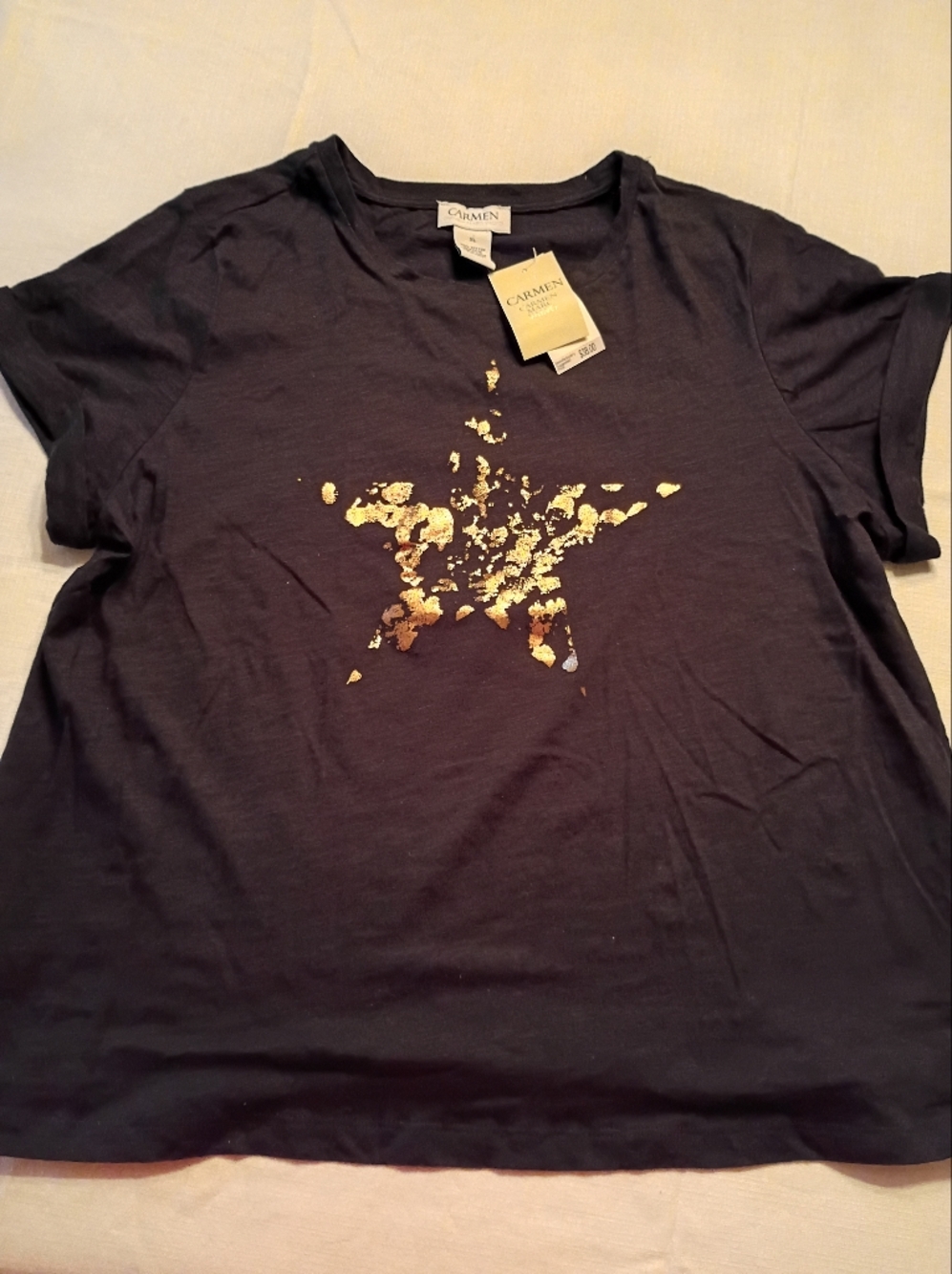 NWT Carmen Marc Valvo Black Tee with Gold Foil Star ⭐